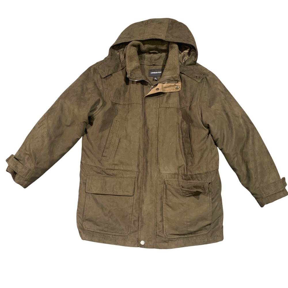 London Fog Mens‎ Faux Suede Hooded Parka Jacket Olive Green Large Very Nice Coat
